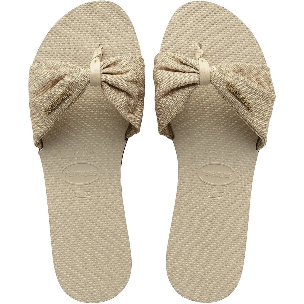 HAVAIANAS ST. TROPEZ SHINE FLIP FLOP IN BEIGE/GOLD SIZE 9-10 NWOT
